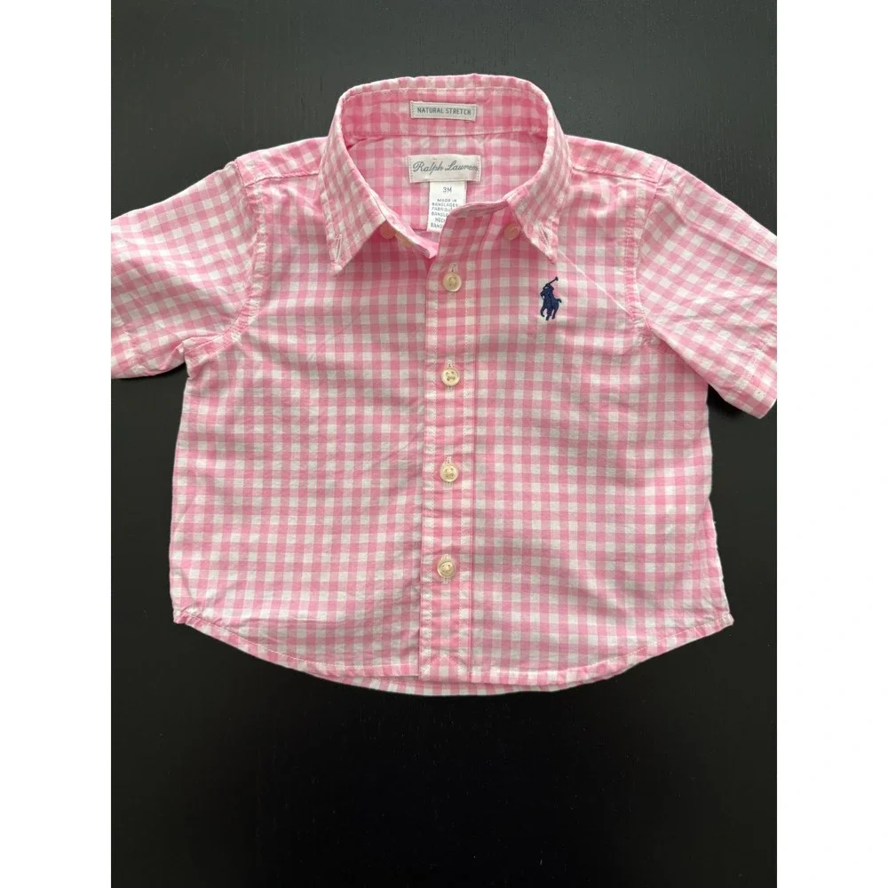 Ralph Lauren Baby Gingham Poplin Shirt Size  3 Months Pink Cotton‎ Button Down